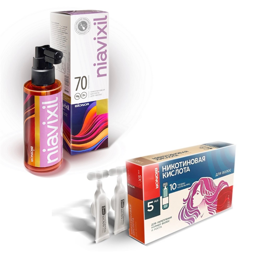 Изображение товара Набор НИКОТИНОВАЯ КИСЛОТА NIAVIXIL СЫВОРОТКА-СПРЕЙ ДЛЯ РОСТА ВОЛОС 70МЛ + НИКОТИНОВАЯ КИСЛОТА ДЛЯ ВОЛОС 5МЛ N10