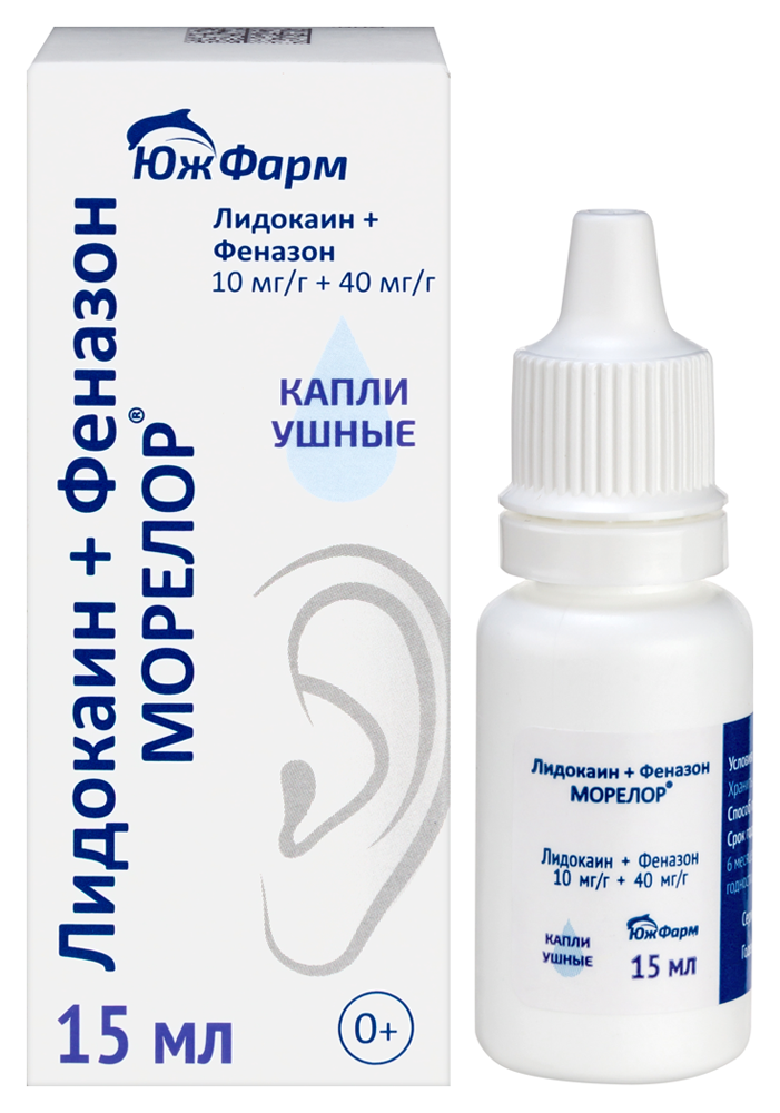 Изображение товара Лидокаин+феназон морелол 10 мг/г + 40 мг/г флакон-капельница капли ушные 15 мл