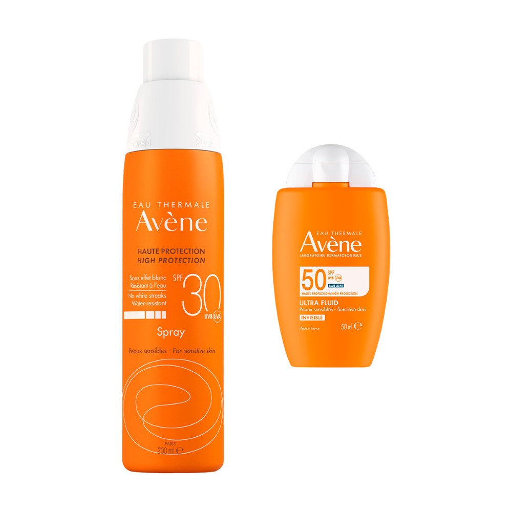 Изображение товара Набор AVENE: СПРЕЙ СОЛНЦЕЗАЩИТ SPF30 200МЛ + ФЛЮИД Д/ЛИЦА СОЛНЦЕЗАЩИТ УЛЬТРАЛЕГКИЙ НЕВИДИМЫЙ SPF50 50МЛ