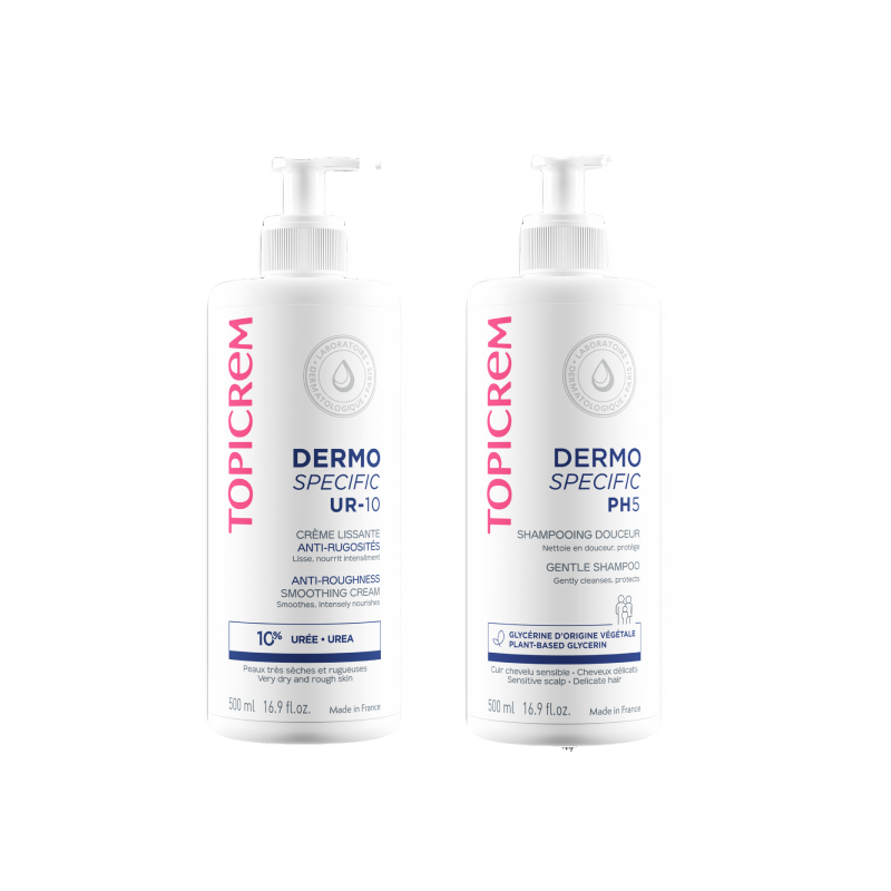Изображение товара Набор Топикрем Dermo Specific UR-10 крем смягчающий  для огрубевшей кожи 500мл + шампунь  500мл со скидкой