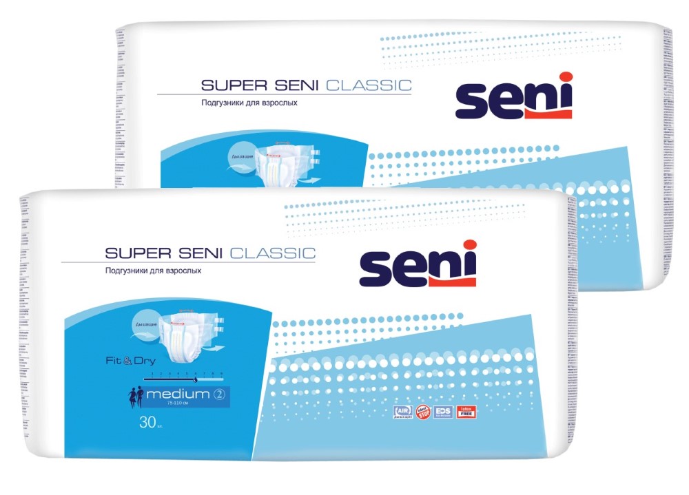Изображение товара Набор Seni super classic подгузники д/взр medium n30 из 2 уп со скидкой Изображение товара Набор Seni super classic подгузники д/взр medium n30 из 2 уп со скидкой