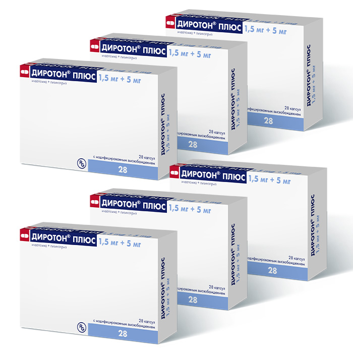 Изображение товара Набор из 6 упаковок ДИРОТОН ПЛЮС 0,0015+0,005 N28 КАПС  по специальной цене