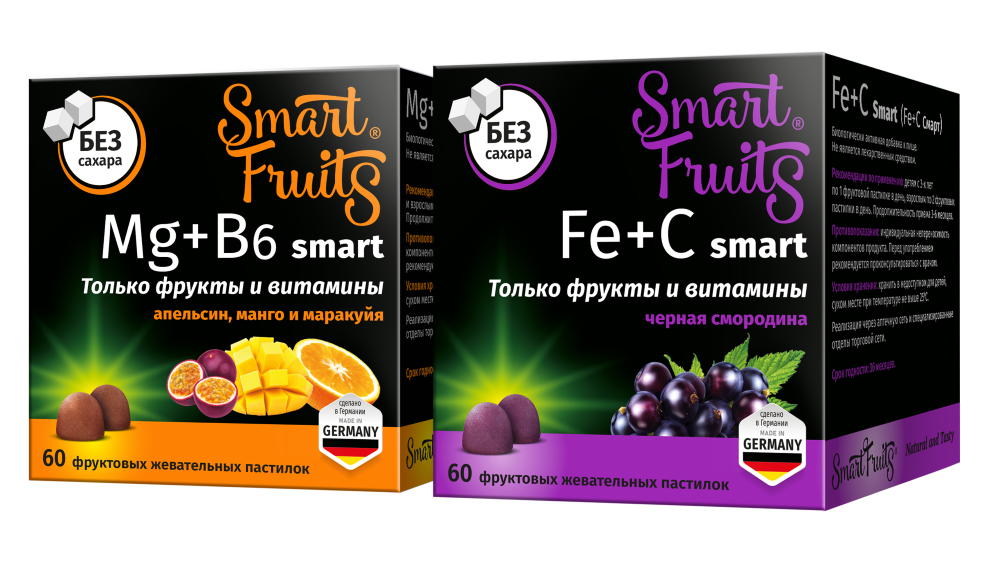 Изображение товара Набор SMART FRUITS FE+C СМАРТ 60шт. пастилки жевательные + SMART FRUITS MG+B6 СМАРТ 60шт. пастилки жевательные Изображение товара Набор SMART FRUITS FE+C СМАРТ 60шт. пастилки жевательные + SMART FRUITS MG+B6 СМАРТ 60шт. пастилки жевательные