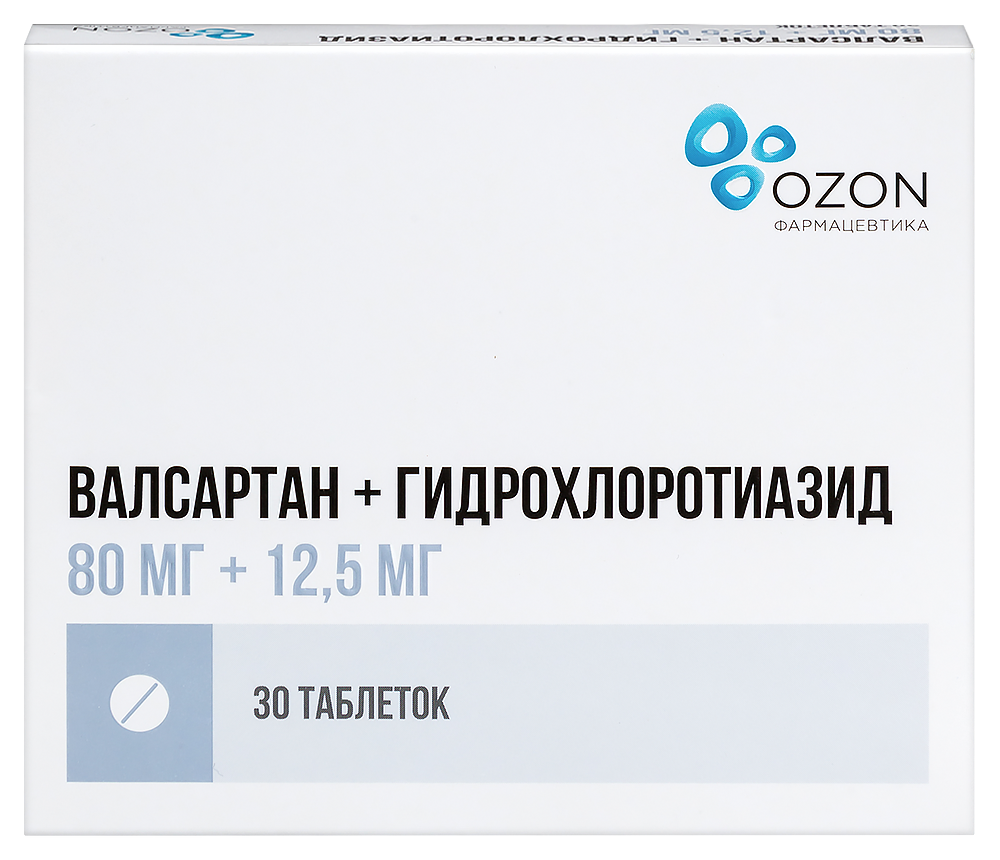 Изображение товара Валсартан+гидрохлоротиазид 80 мг + 12,5 мг 30 таблеток покрытых пленочной оболочкой