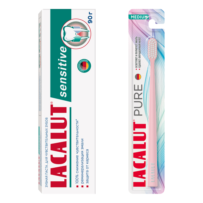 Изображение товара Набор LACALUT ЗУБНАЯ ПАСТА SENSITIVE 90,0 + LACALUT PURE ЗУБНАЯ ЩЕТКА СРЕДНЕЙ ЖЕСТКОСТИ со скидкой