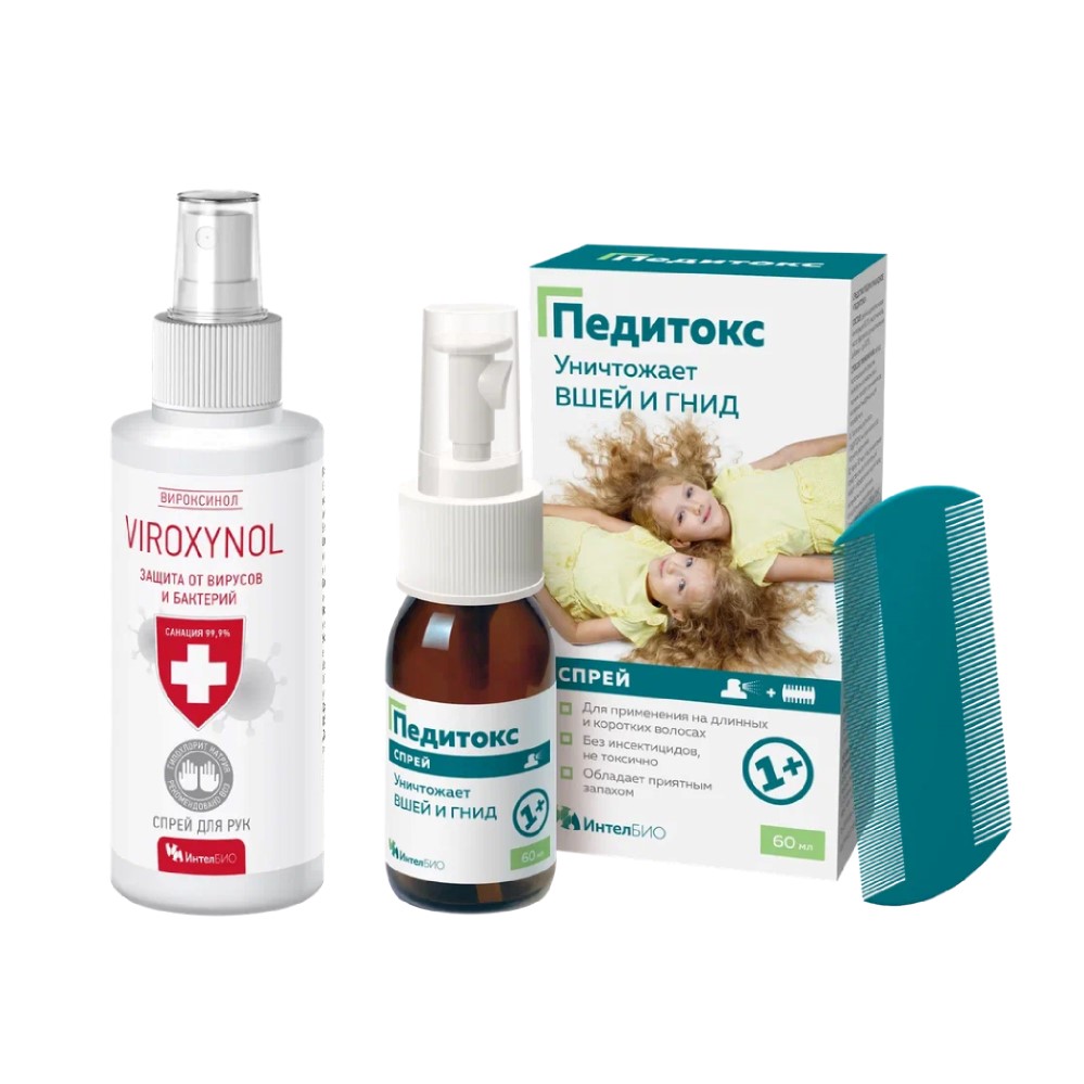 Изображение товара Набор VIROXYNOL СПРЕЙ ГИГИЕНИЧЕСКИЙ Д/РУК 100мл + ПЕДИТОКС СРЕДСТВО ПЕДИКУЛИЦИДНОЕ 60МЛ/СПРЕЙ со скидкой