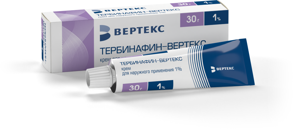 Тербинафин-вертекс 1% крем для наружного применения 30 гр - цена 303 руб., купить в интернет аптеке в Москве Тербинафин-вертекс 1% крем для наружного применения 30 гр, инструкция по применению