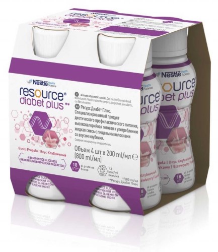 Изображение товара Ресурс Диабет Плюс смесь с пищевыми волокнами клубника 200 мл 4 шт.