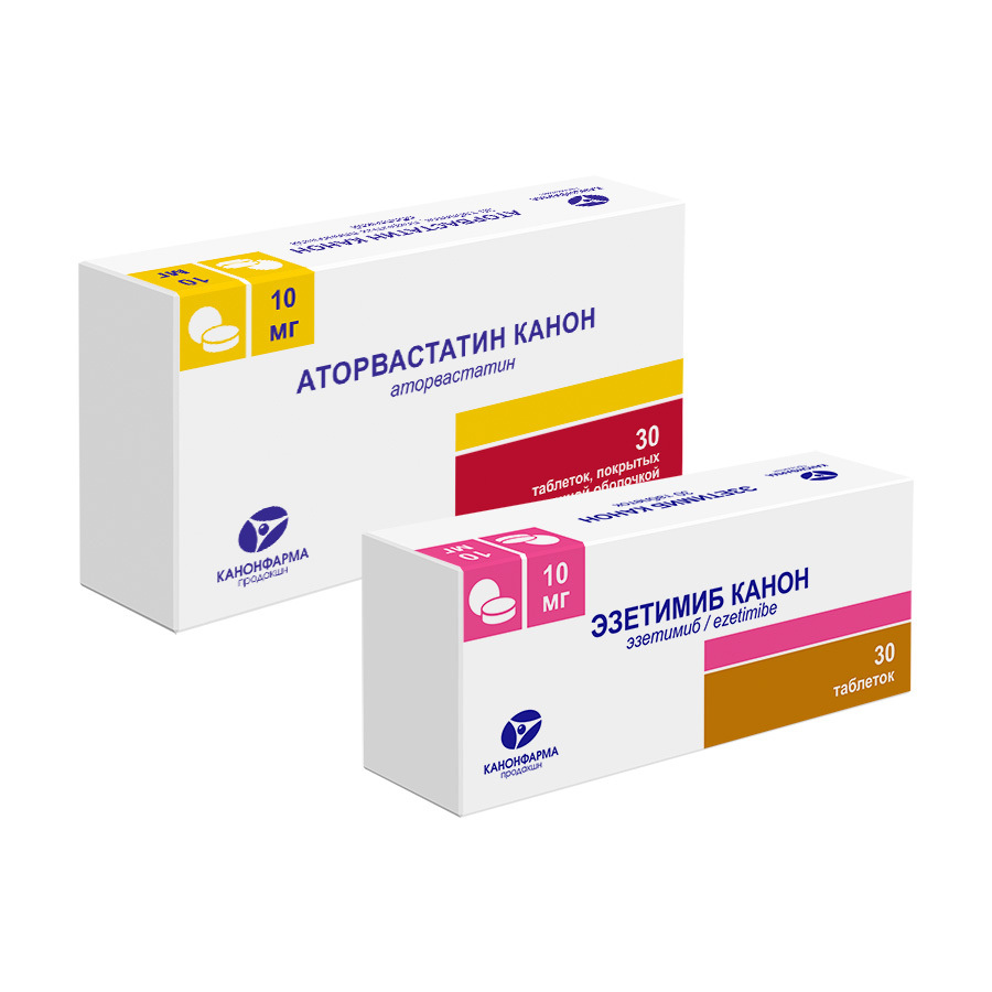 Изображение товара Набор Аторвастатин Канон 10 мг 30 шт + Эзетимиб Канон 10 мг 30 шт со скидкой