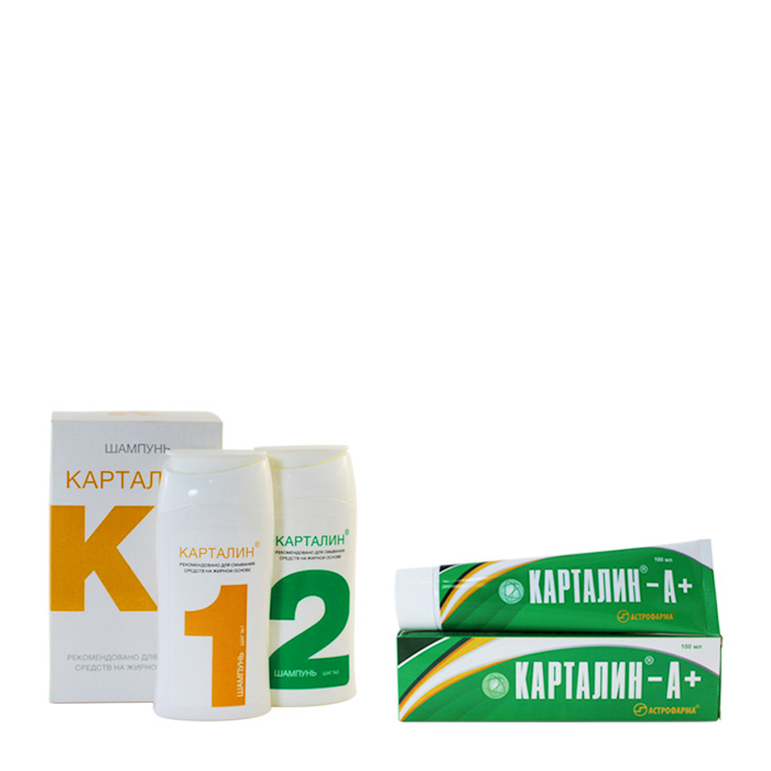 Изображение товара Набор Карталин 2 шампуня /шаг 1 + шаг 2/ + Карталин-А+ крем косметический 100мл - со скидкой Изображение товара Набор Карталин 2 шампуня /шаг 1 + шаг 2/ + Карталин-А+ крем косметический 100мл - со скидкой