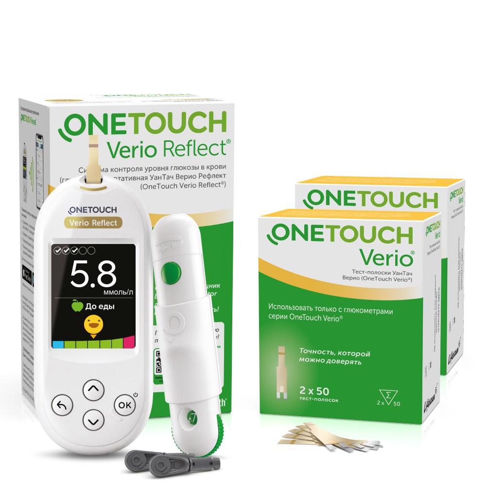 Набор Глюкометр One Touch Verio Reflect + 2 уп Тест-полоски One Touch Verio  №100 - цена 5272.28 руб., купить в интернет аптеке в Кумертау Набор  Глюкометр One Touch Verio Reflect + 2