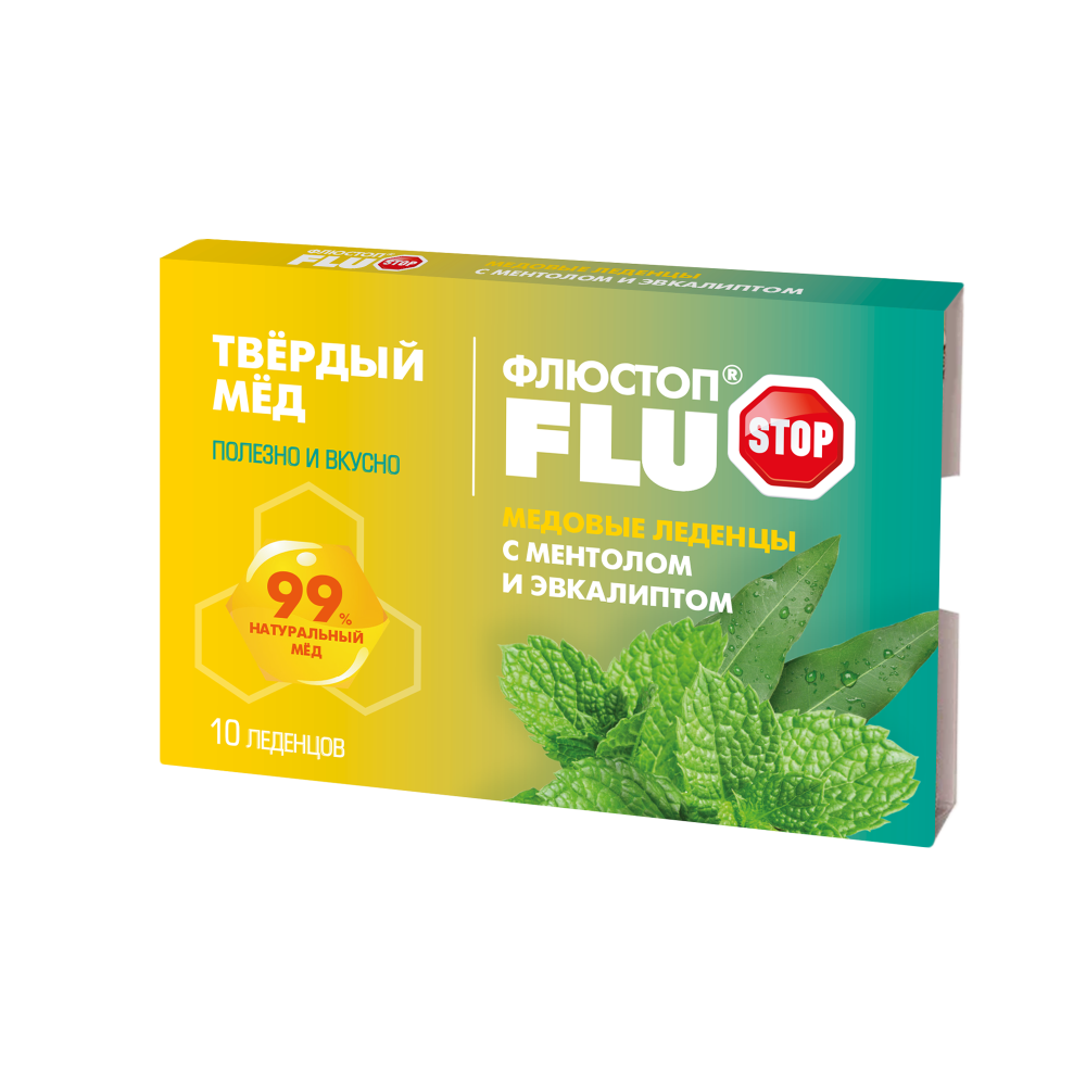 Изображение товара Флюстоп твердый мед медовые леденцы с ментолом и эвкалиптом 10 шт. леденцы массой 3 гр