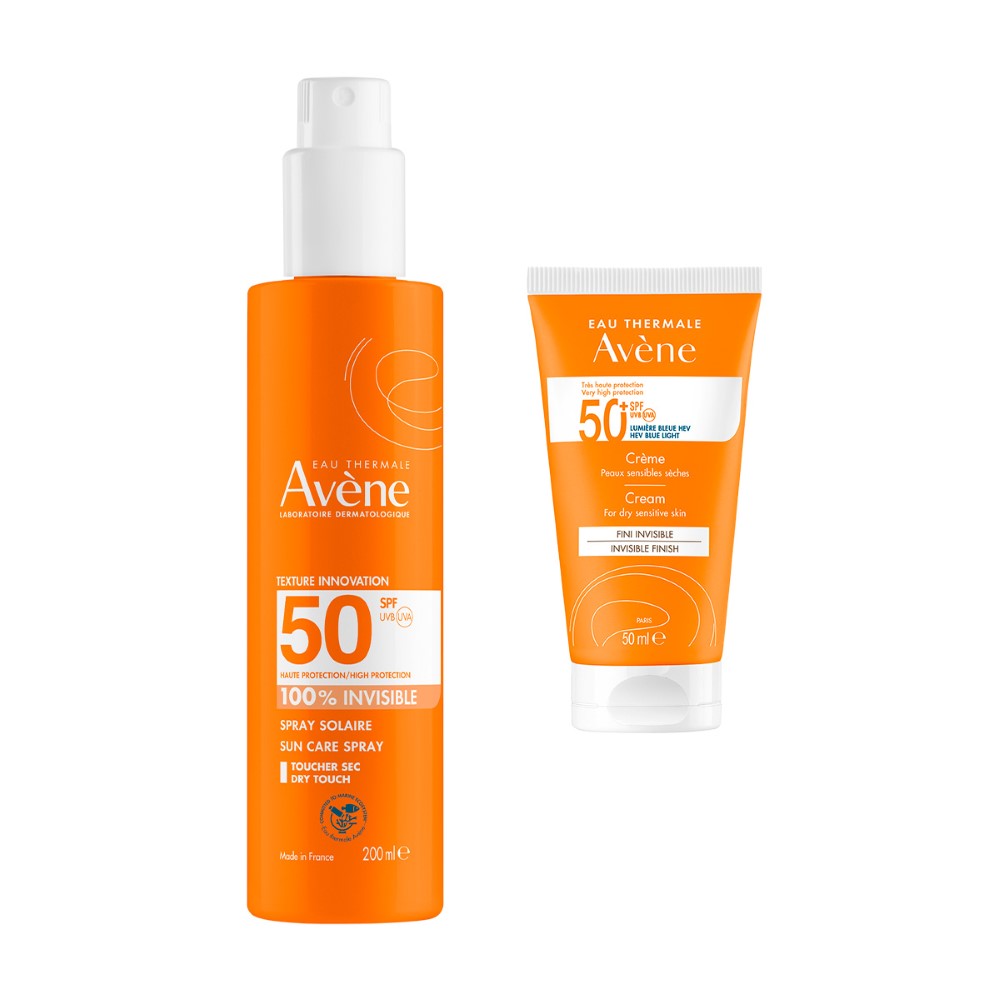 Изображение товара Набор AVENE: СПРЕЙ СОЛНЦЕЗАЩИТ НЕВИДИМЫЙ Д/ЧУВСТВИТ КОЖИ SPF50 200МЛ + КРЕМ СОЛНЦЕЗАЩИТ SPF 50+ БЕЗ ОТДУШЕК 50М