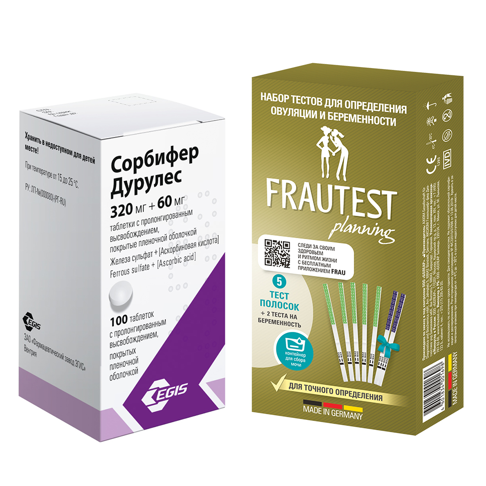 Изображение товара Набор СОРБИФЕР ДУРУЛЕС 0,32+0,06 N100 ТАБЛ ПРОЛОНГ ВЫСВОБ П/ПЛЕН/ОБОЛОЧ + ТЕСТ НА ОВУЛЯЦИЮ И БЕРЕМЕННОСТЬ FRAUTEST PLANNING 5 шт