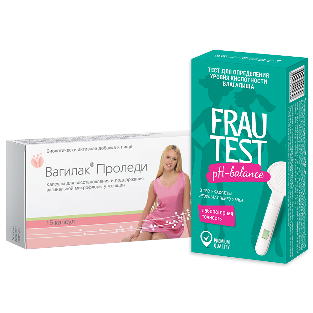 Изображение товара Набор ВАГИЛАК ПРОЛЕДИ N15 КАПС ПО 227МГ + ТЕСТ ДЛЯ ОПРЕДЕЛЕНИЯ УРОВНЯ КИСЛОТНОСТИ ВЛАГАЛИЩА FRAUTEST PH-BALANCE