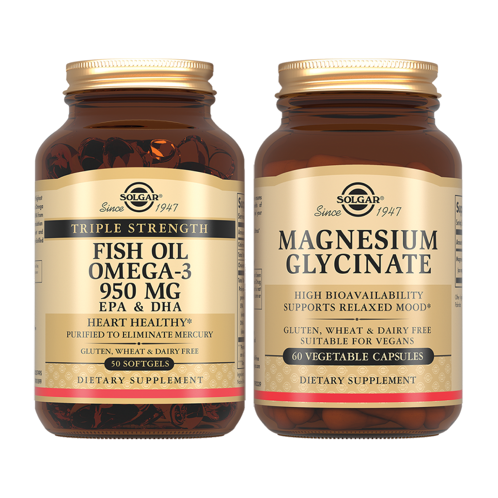 Изображение товара Набор Solgar Тройная омега-3 950мг ЭПК и ДГК №50 капс + Глицинат магния №60 со скидкой