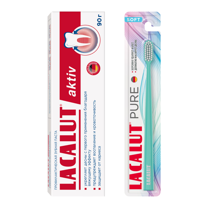 Изображение товара Набор LACALUT ЗУБНАЯ ПАСТА AKTIV 90,0 + LACALUT PURE ЗУБНАЯ ЩЕТКА МЯГКАЯ закажи со скидкой