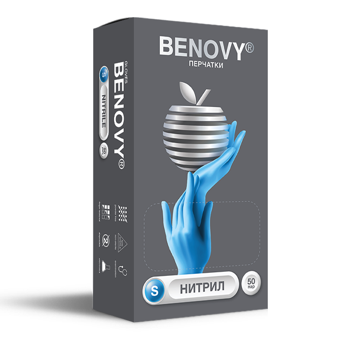 Изображение товара Перчатки смотровые benovy нитриловые нестерильные неопудренные текстурированные на пальцах хлорированные s 50 пар/голубой/