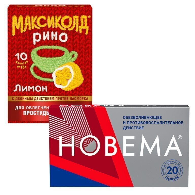 Изображение товара Набор Максиколд Рино лимон при простуде + обезболивающее Новема таб №20 - со скидкой