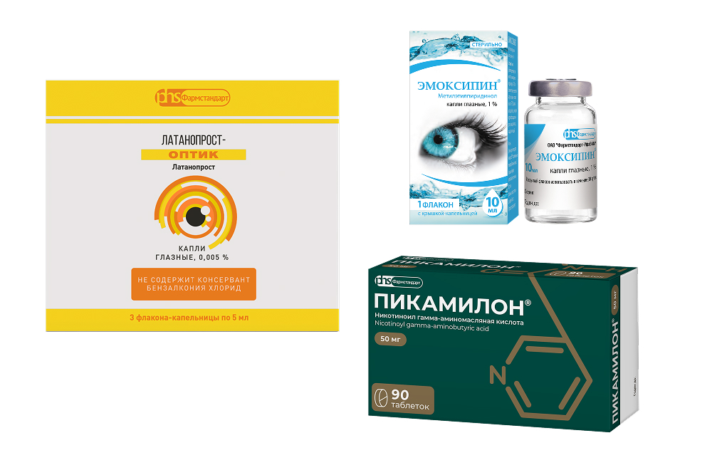 Изображение товара Набор "Комплексная терапия глаукомы": Латанопрост-Оптик 5мл №3 + Эмоксипин 10мл + Пикамилон таб №90