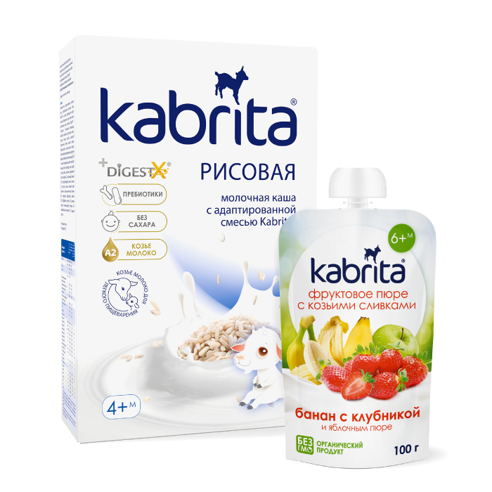 Изображение товара Набор KABRITA каша рисовая 180,0 + KABRITA пюре фруктовое с козьими сливками Банан с клубникой Изображение товара Набор KABRITA каша рисовая 180,0 + KABRITA пюре фруктовое с козьими сливками Банан с клубникой