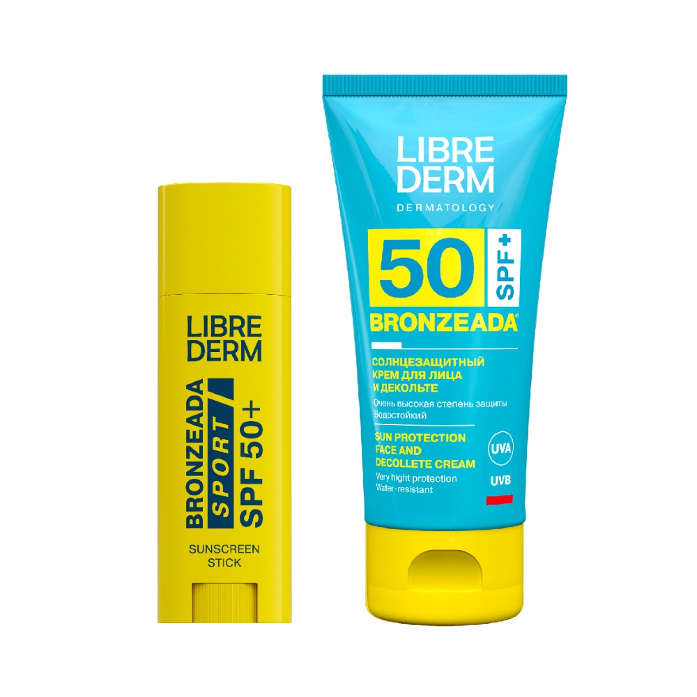 Изображение товара Набор ЛИБРИДЕРМ БРОНЗИАДА: солнцезащитный крем для лица и декольте SPF50 + стик для губ и лица солнцезащитный SPF50