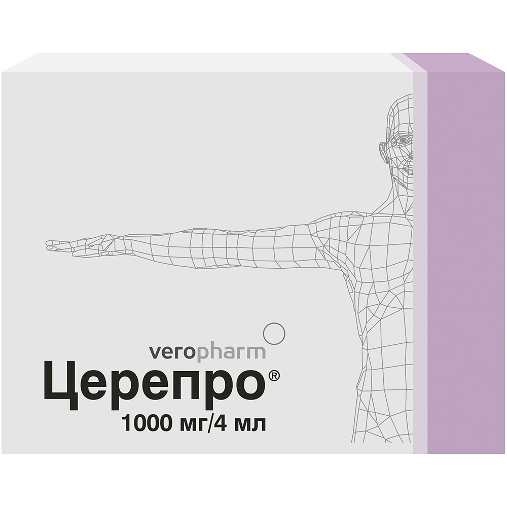 Церепро 250 мг/мл 5 шт. ампулы раствор для внутривенного и внутримышечного  введения 4 мл - цена 661.20 руб., купить в интернет аптеке в Медвежьегорске  Церепро 250 мг/мл 5 шт. ампулы раствор для
