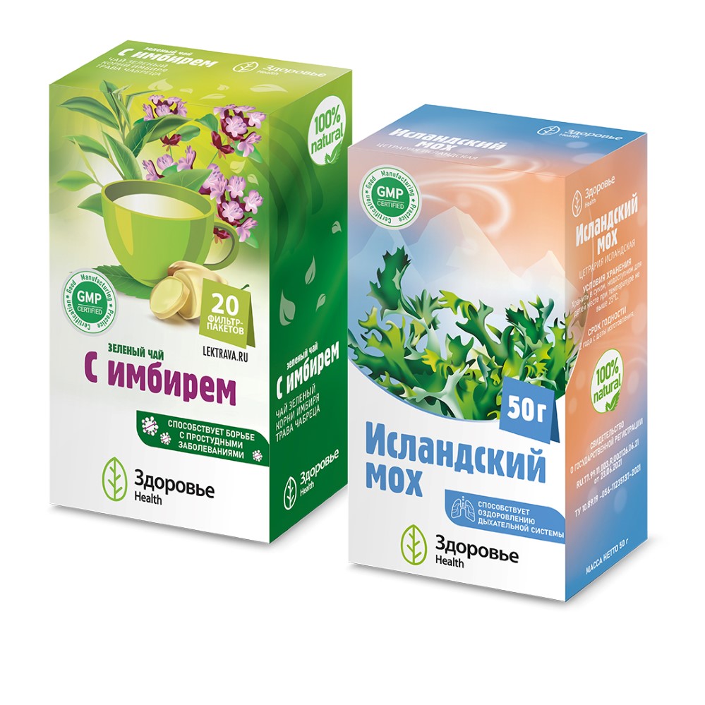 Изображение товара Набор при кашле со скидкой: чай зеленый с имбирем + исландский мох (цетрария исландская)