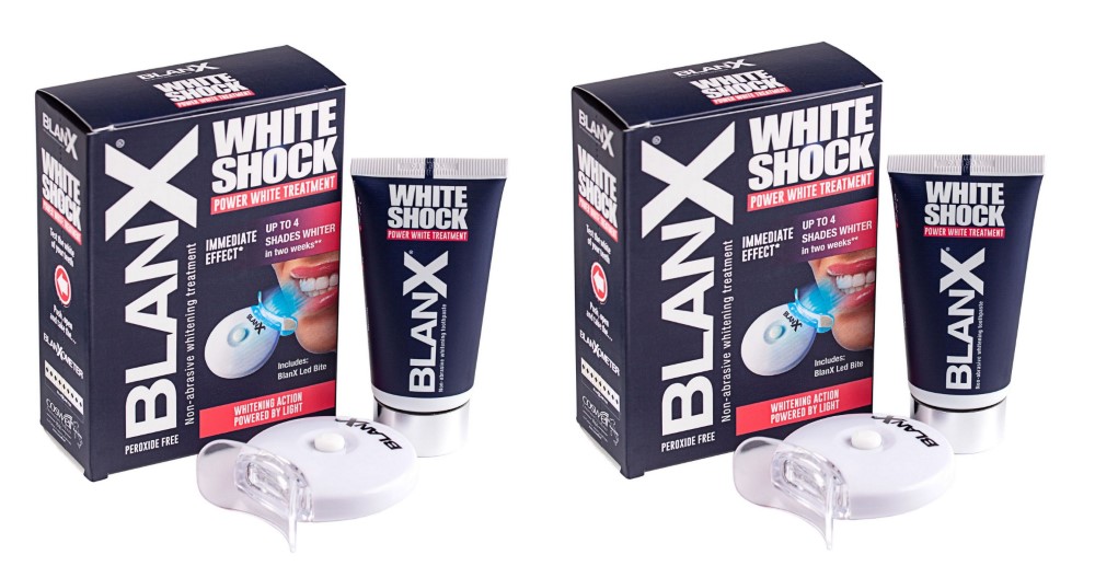 Изображение товара Набор Blanx white shock зубная паста отбеливающий уход+световой активатор 50мл из 2 уп со скидкой