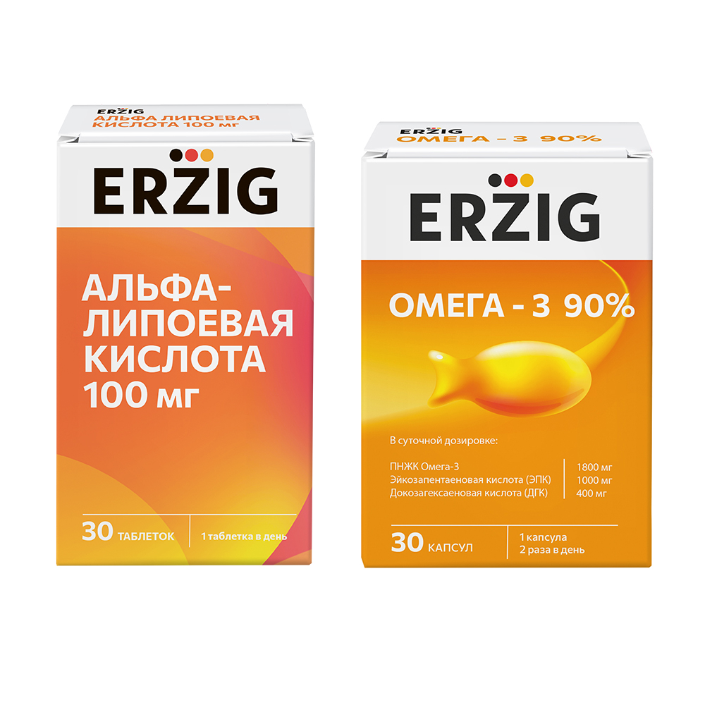 Изображение товара Набор Erzig Альфа-липоевая кислота 100 мг №30 + Омега-3 90% №30