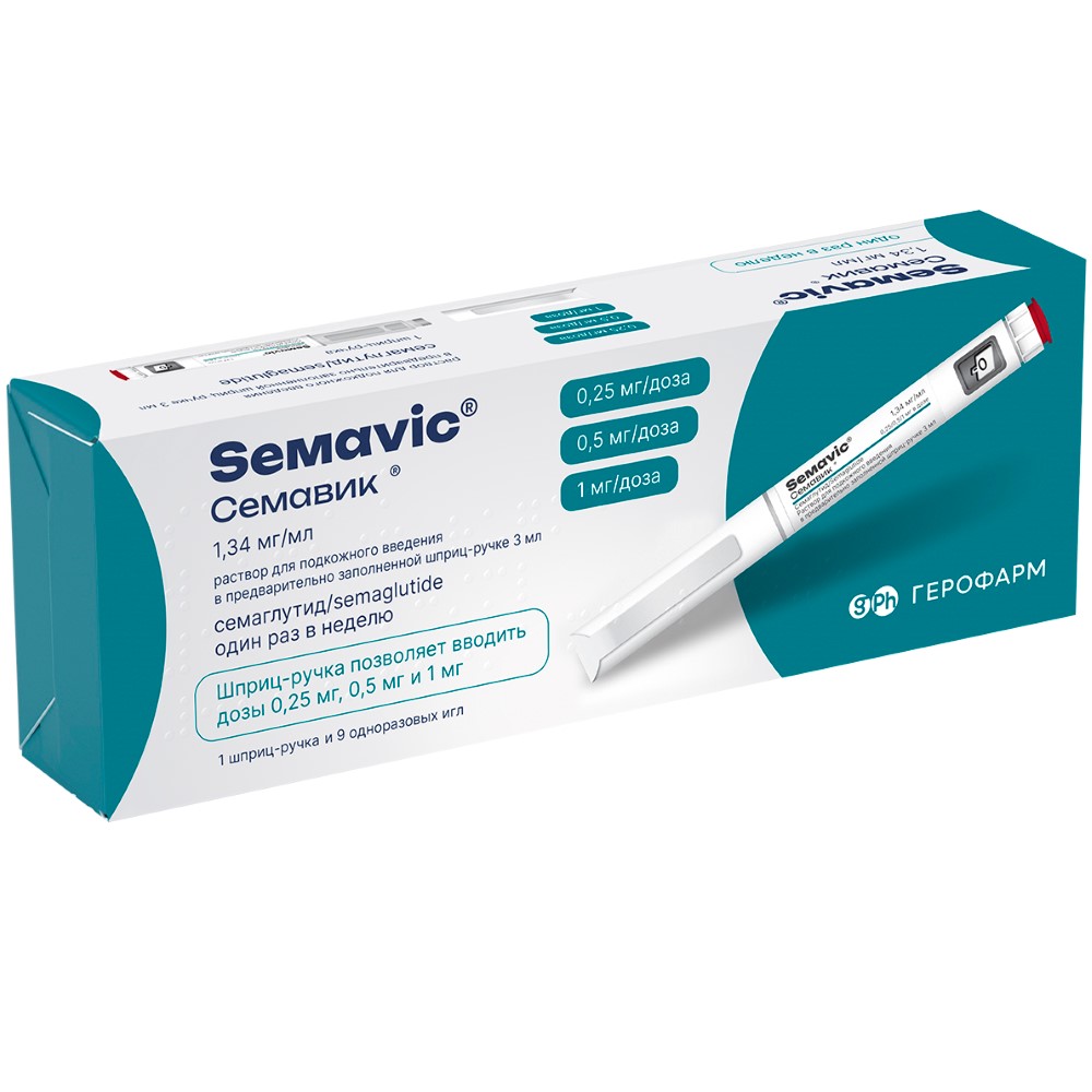 Изображение товара Семавик 0,25/0,5/1мг/доза раствор для подкожного введения 3 мл шприц-ручка 1 шт. + игла одноразовая 9 шт.