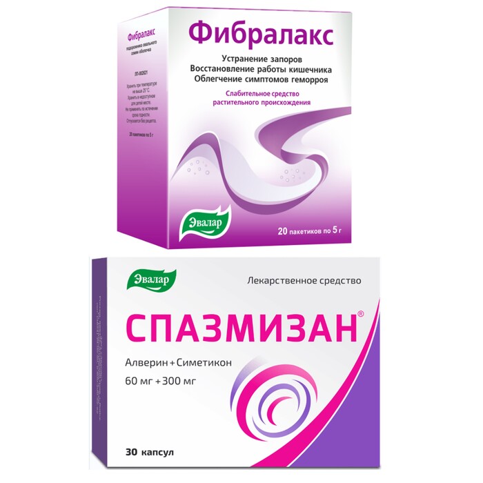 Изображение товара Набор ФИБРАЛАКС порошок для супензии пакетики 20шт. + СПАЗМИЗАН 0,06+0,3 капсулы 30шт.