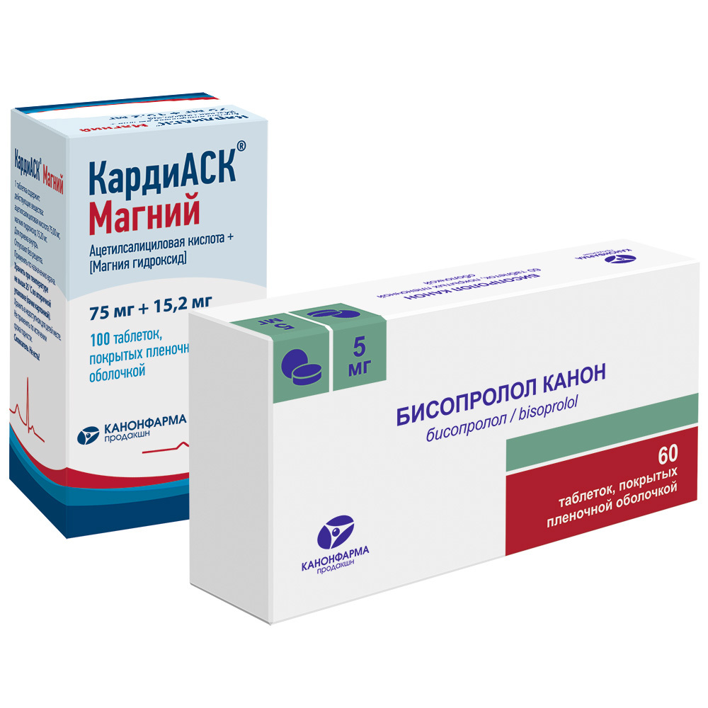 Изображение товара Набор Бисопролол Канон 5 мг 60 шт + Кардиаск Магний 75 мг + 15,2 мг 100 шт по специальной цене