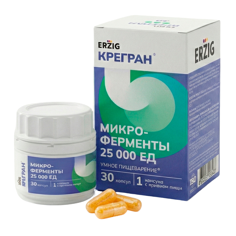 Изображение товара Erzig крегран микроферменты 25000 ЕД 30 капсул для пищеварения Изображение товара Erzig крегран микроферменты 25000 ЕД 30 капсул для пищеварения