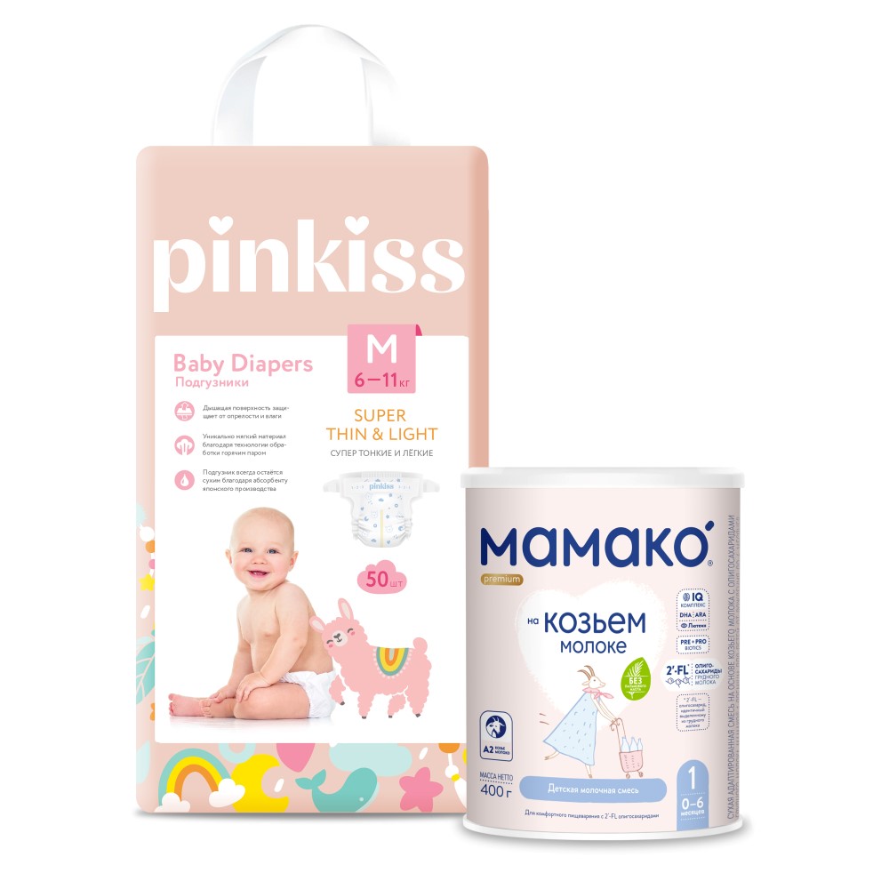 Изображение товара Набор МАМАКО-1 PREMIUM СМЕСЬ СУХ НА КОЗЬЕМ МОЛОКЕ С ОЛИГОСАХАРИДАМИ ГРУДНОГО МОЛОКА 400г + PINKISS ПОДГУЗНИКИ M/6-11 кг/ 50 шт.