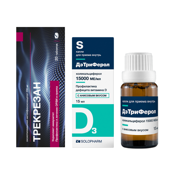 Изображение товара Набор Трекрезан табл. №20 при ОРВИ + ДэТриФерол капли д/приема внутрь анис 15мл со скидкой