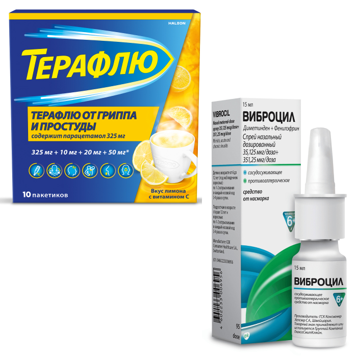 Изображение товара Набор Терафлю от гриппа и простуды N10 пак пор/лимон + Виброцил 35,125 мкг/доза+351,25 мкг/доза (95 доз) флакон спрей назал 15мл