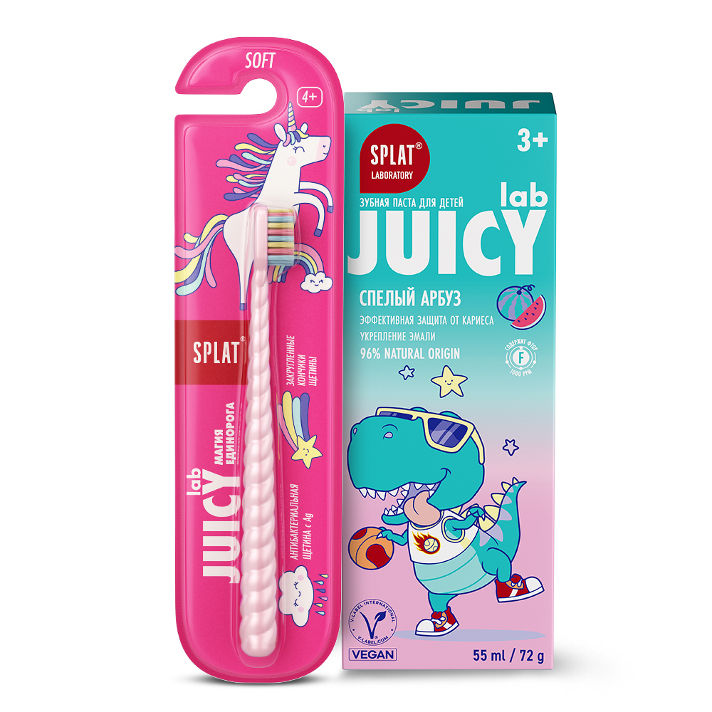 Изображение товара Набор JUICY LAB ЗУБНАЯ ЩЕТКА ДЕТСКАЯ PEARL/МЯГКАЯ + ЗУБНАЯ ПАСТА С ФТОРОМ СПЕЛЫЙ АРБУЗ