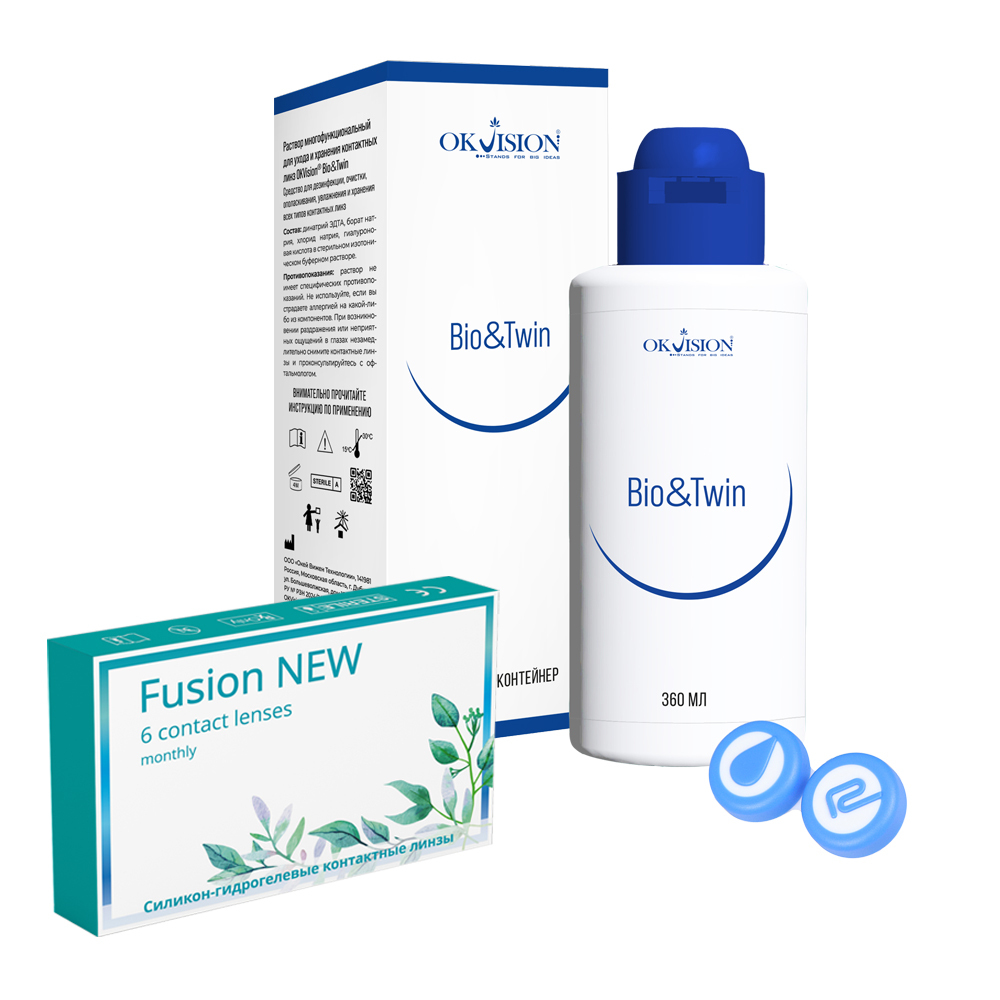 Изображение товара Набор OKVISION FUSION NEW 8,6/14,2 N6/-1,00/  мягкие линзы + OKVISION BIO&TWIN 360 мл р-р д/ухода за линзами