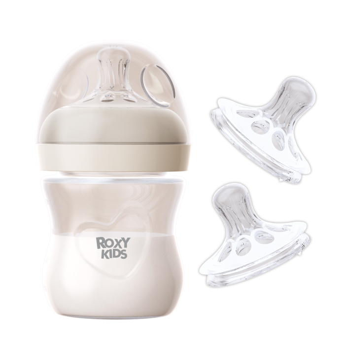 Изображение товара Набор «ROXY-KIDS: бутылочка для кормления с широким горлом силиконовая соска размер s 0+ 120 мл/слоновая кость + соска силиконов
