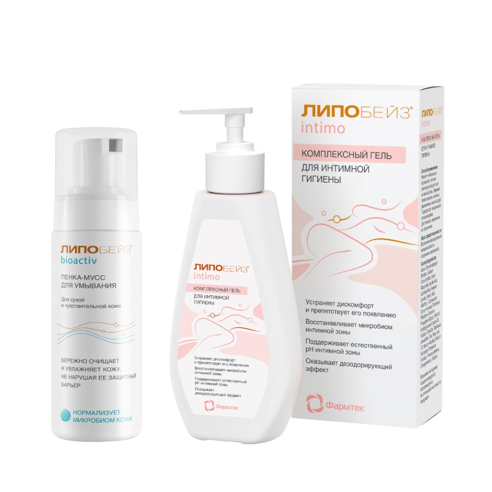 Изображение товара Набор Липобейз биоактив пенка-мусс для умывания 150мл + Липобейз интимо гель для интимной гигиены комплексный 200мл со скидкой