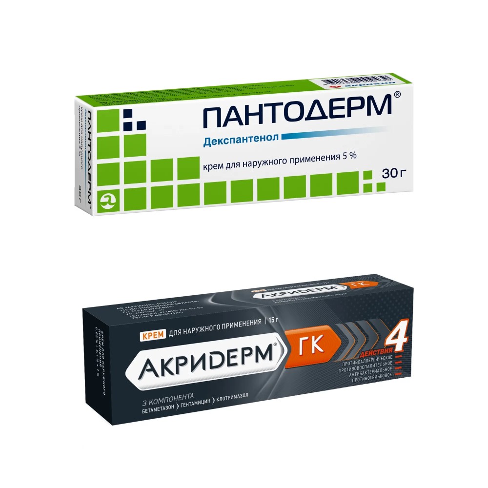 Изображение товара НАБОР при дерматите АКРИДЕРМ ГК 15,0 КРЕМ + ПАНТОДЕРМ 5% 30,0 КРЕМ Д/НАРУЖ ПРИМ закажи со скидкой 20% Изображение товара НАБОР при дерматите АКРИДЕРМ ГК 15,0 КРЕМ + ПАНТОДЕРМ 5% 30,0 КРЕМ Д/НАРУЖ ПРИМ закажи со скидкой 20%