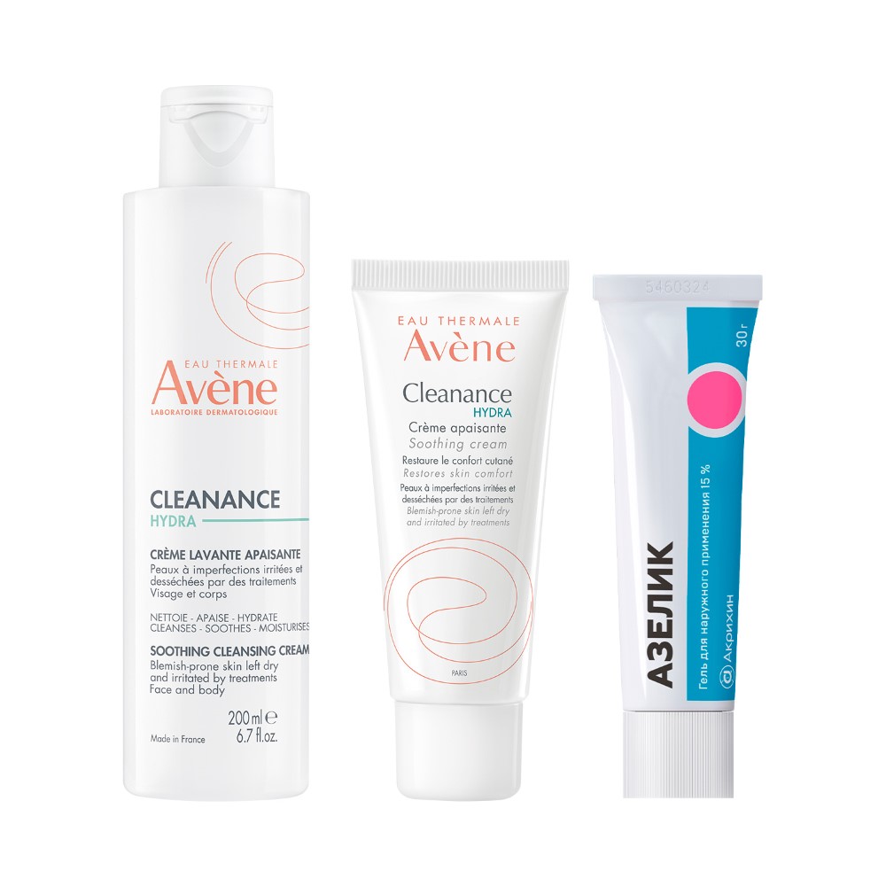 Изображение товара Набор AVENE КЛИНАНС ГИДРА: КРЕМ УСПОКАИВАЮЩ 40МЛ + КРЕМ Д/ПРОБЛЕМН КОЖИ ОЧИЩАЮЩ УСПОКАИВАЮЩ 200МЛ + АЗЕЛИК 15% 30,0 ГЕЛЬ Д/НАРУЖ
