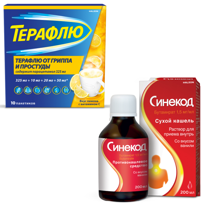 Изображение товара Набор ТЕРАФЛЮ ОТ ГРИППА И ПРОСТУДЫ N10 ПАК ПОР/ЛИМОН + Синекод 1,5 мг/мл флакон р-р д/приема внутрь 200мл со скидкой
