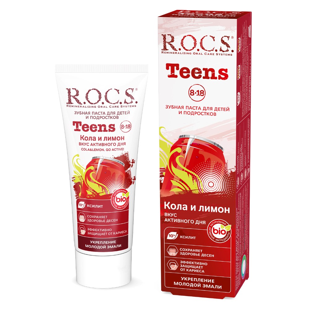Изображение товара Rocs зубная паста teens вкус активного дня со вкусом колы и лимона 74 гр