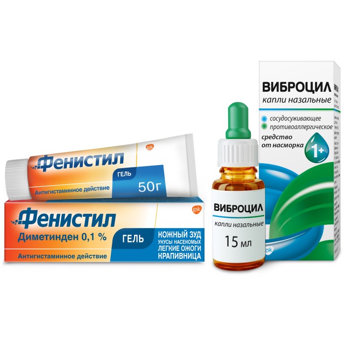 Изображение товара Набор при зуде, аллергии Фенистил 0,1% 50,0 гель + Виброцил 15мл назал капли со скидкой 15%