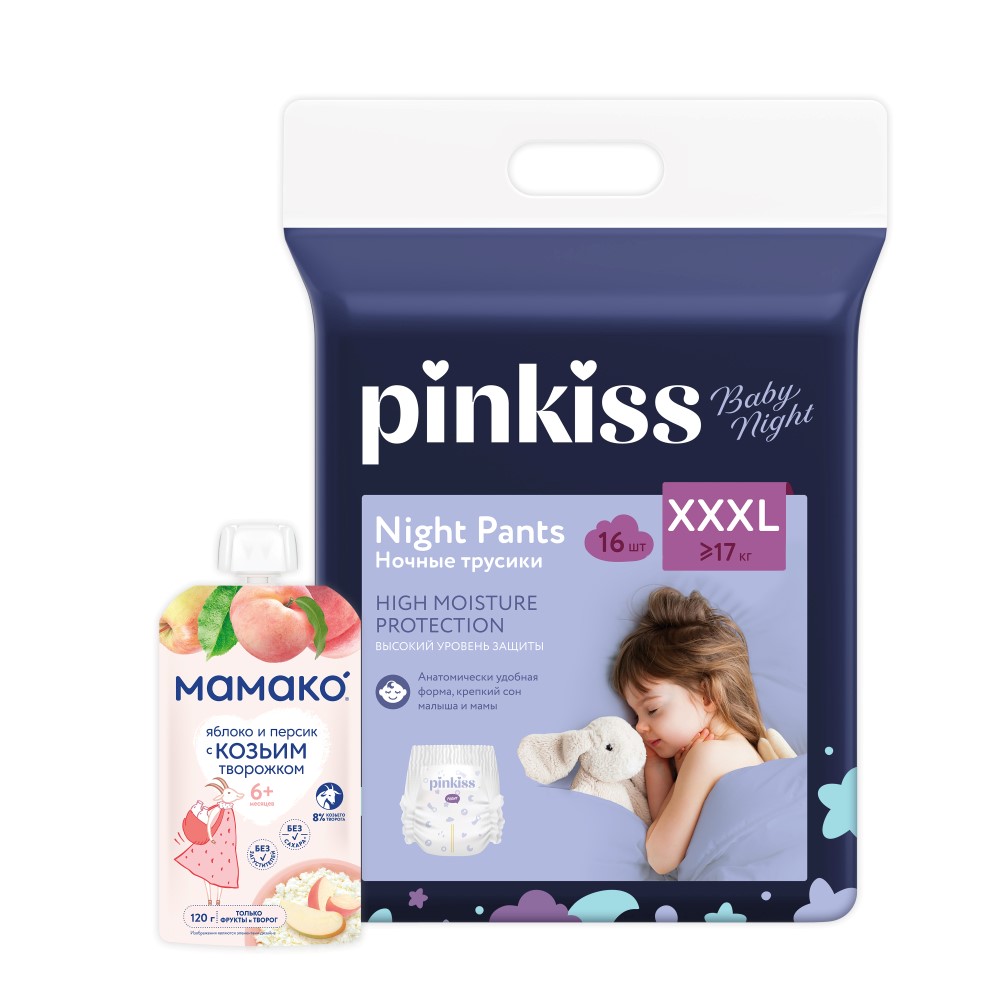 Изображение товара Набор Pinkiss Подгузники-трусики Baby Night XXXL (17+ кг) 16 шт.+ + МАМАКО ПЮРЕ ЯБЛОКО И ПЕРСИК С КОЗЬИМ ТВОРОЖКОМ 120