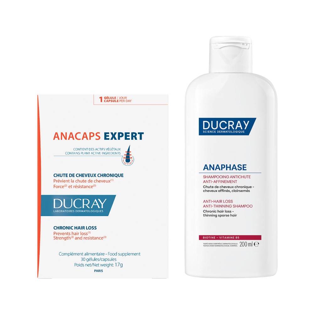 Изображение товара Набор DUCRAY: ANAPHASE ШАМПУНЬ ПРОТИВ ХРОНИЧЕСКОГО ВЫПАДЕНИЯ И ИСТОНЧЕНИЯ ВОЛОС 200МЛ + АНАКАПС ЭКСПЕРТ N30 КАПС ПО 569МГ