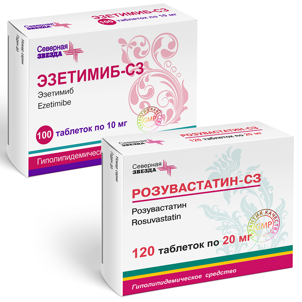 Изображение товара Набор из 1 уп ЭЗЕТИМИБ-СЗ 0,01 N100 ТАБЛ + 1 уп РОЗУВАСТАТИН-СЗ 0,02 N 120 ТАБЛ П/ПЛЕН/ОБОЛОЧ по спец.цене