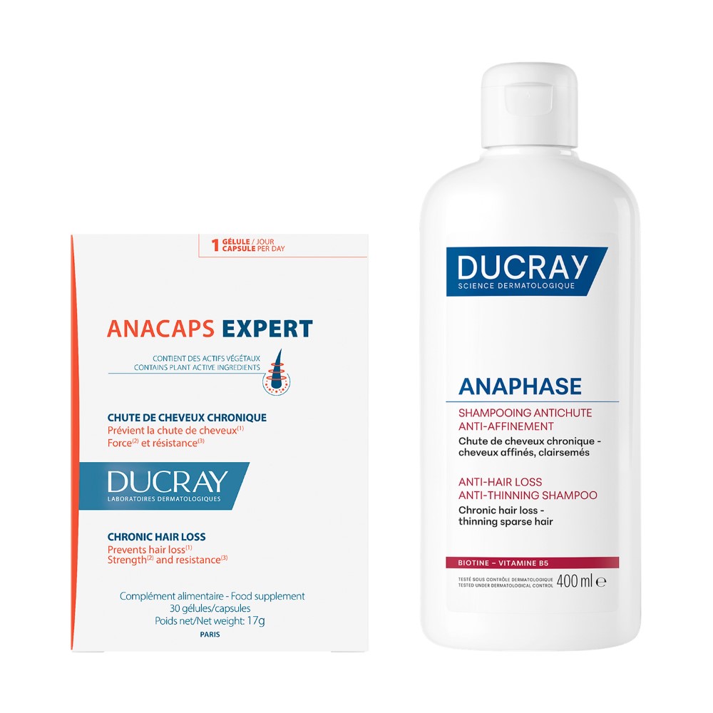 Изображение товара Набор DUCRAY: ANAPHASE ШАМПУНЬ ПРОТИВ ХРОНИЧЕСКОГО ВЫПАДЕНИЯ И ИСТОНЧЕНИЯ ВОЛОС 400МЛ + АНАКАПС ЭКСПЕРТ N30 КАПС ПО 569МГ